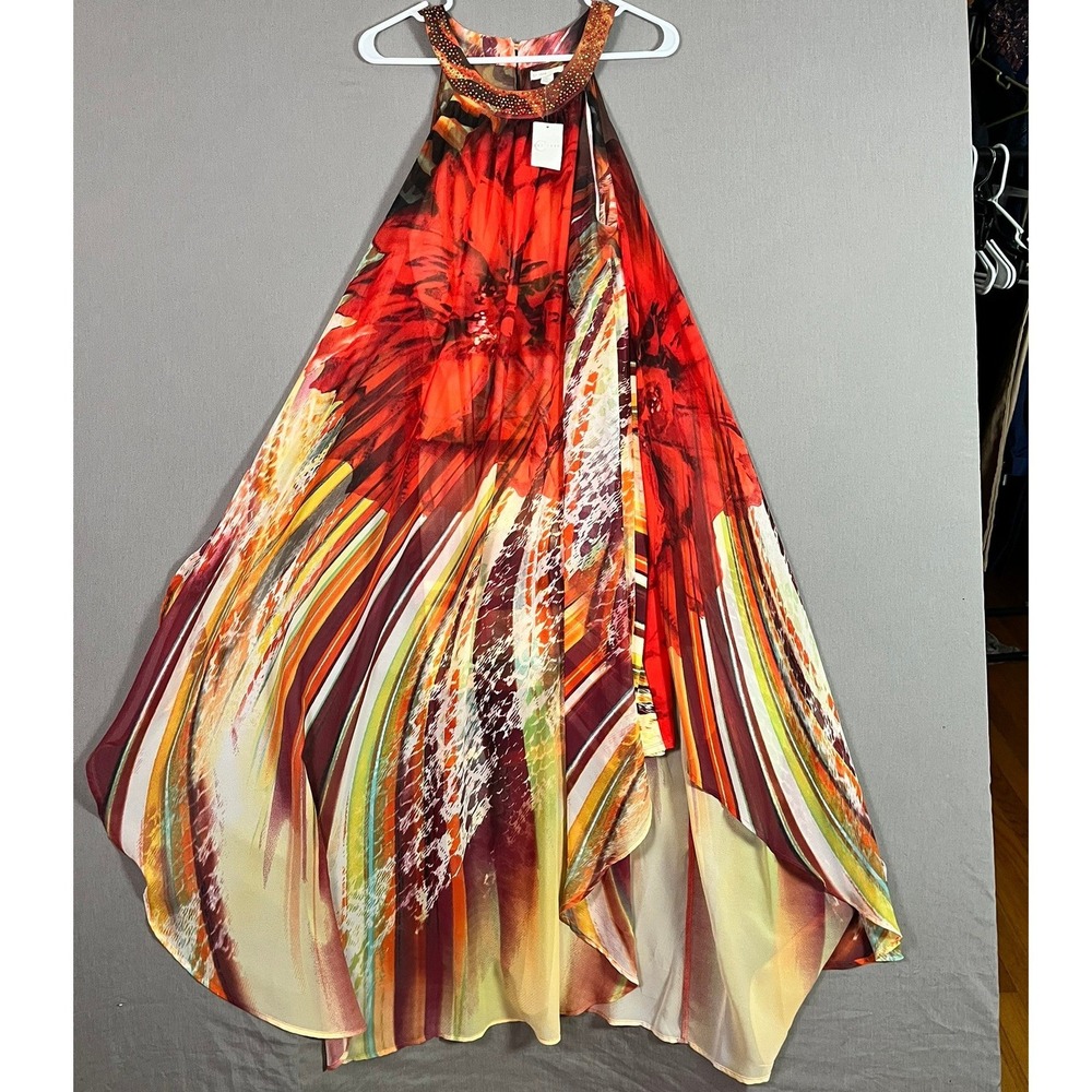Est. 1946 Maxi Dress Size Large Rhinestone Neck Abstract Floral Red Multi NEW